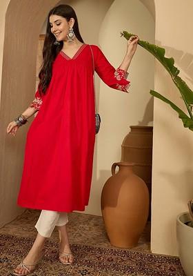 Red Solid Blended Kurta Set