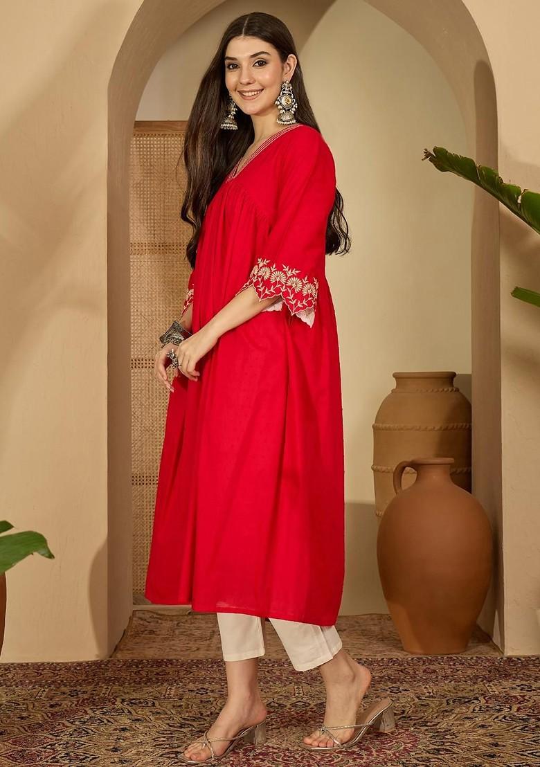 Red Solid Blended Kurta Set - Indya