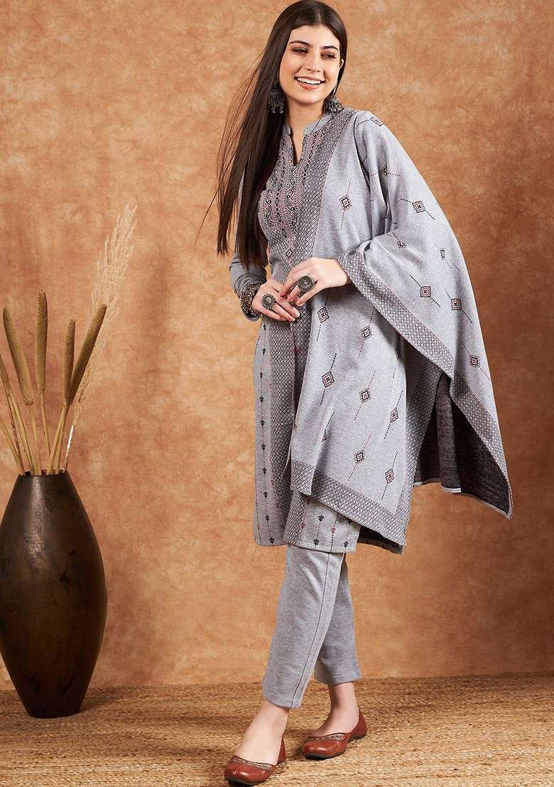 Grey Woven Design Blended Kurta Set - Indya