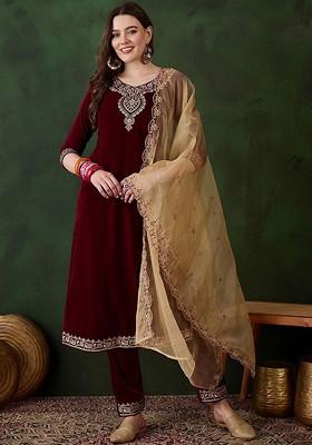 Maroon Embroidered Blended Kurta Set