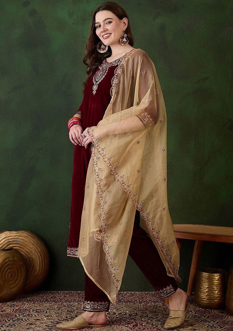 Maroon Embroidered Blended Kurta Set - Indya