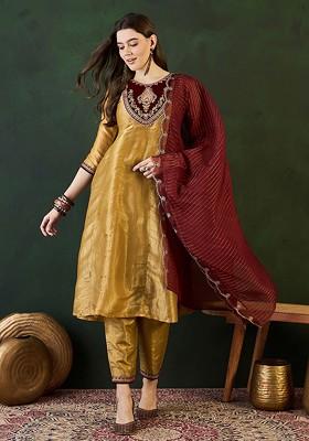 Gold Embroidered Blended Kurta Set