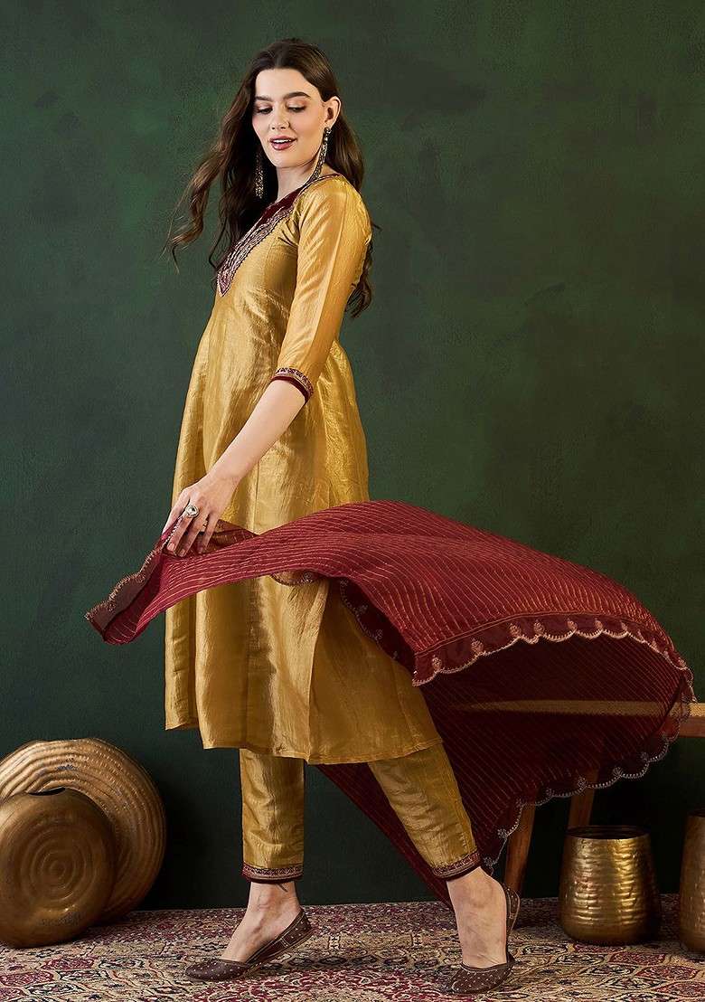 Gold Embroidered Blended Kurta Set - Indya