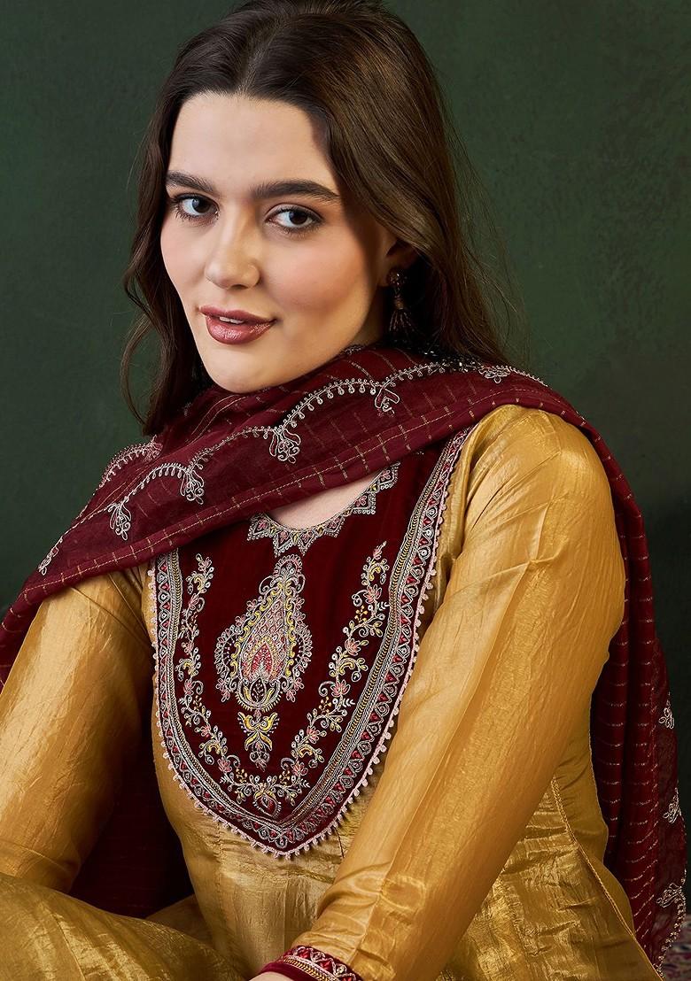 Gold Embroidered Blended Kurta Set - Indya