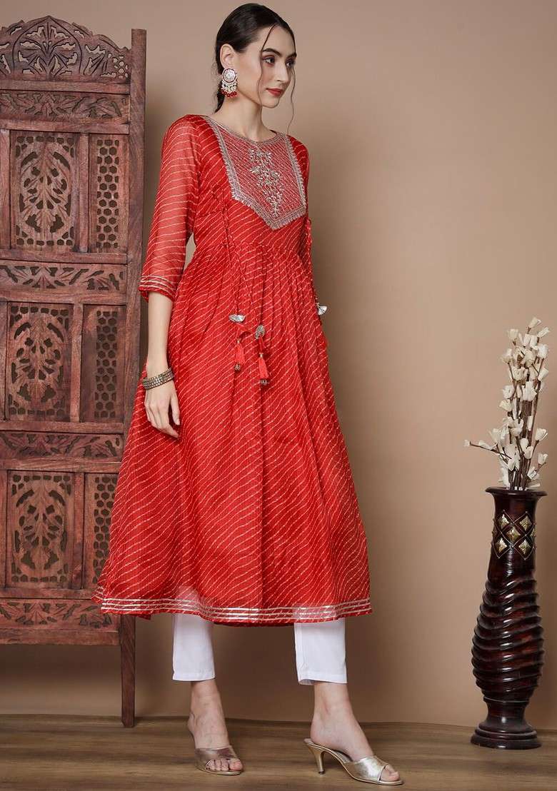 Red Printed Blended Kurta Set - Indya