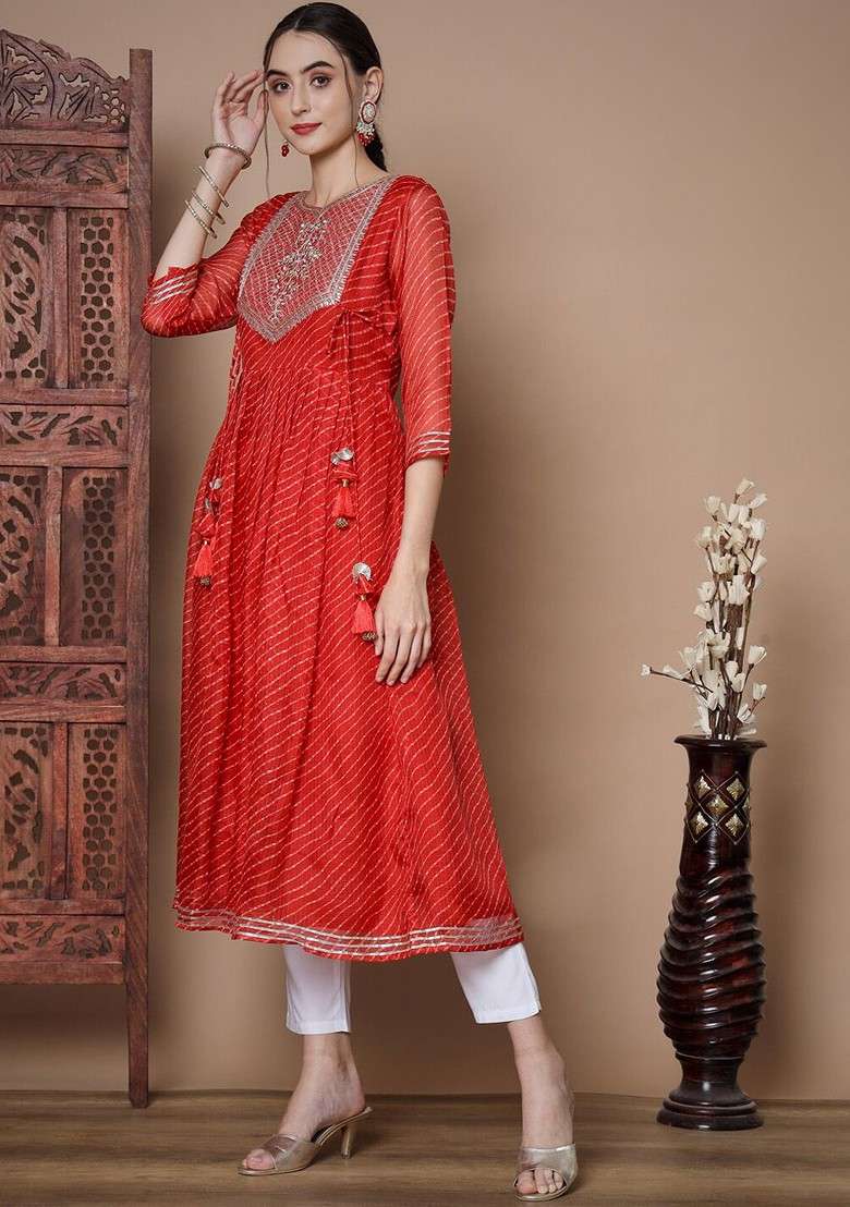Red Printed Blended Kurta Set - Indya