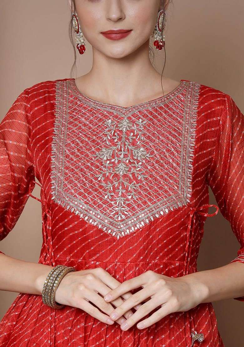 Red Printed Blended Kurta Set - Indya