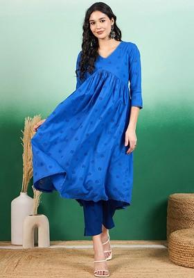 Blue Solid Blended Kurta Set