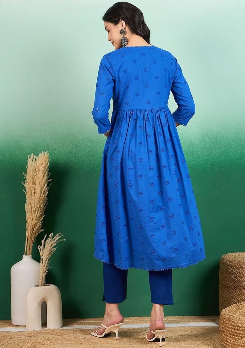 Blue Solid Blended Kurta Set - Indya