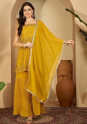 Yellow Embellished Blended Kurta Set