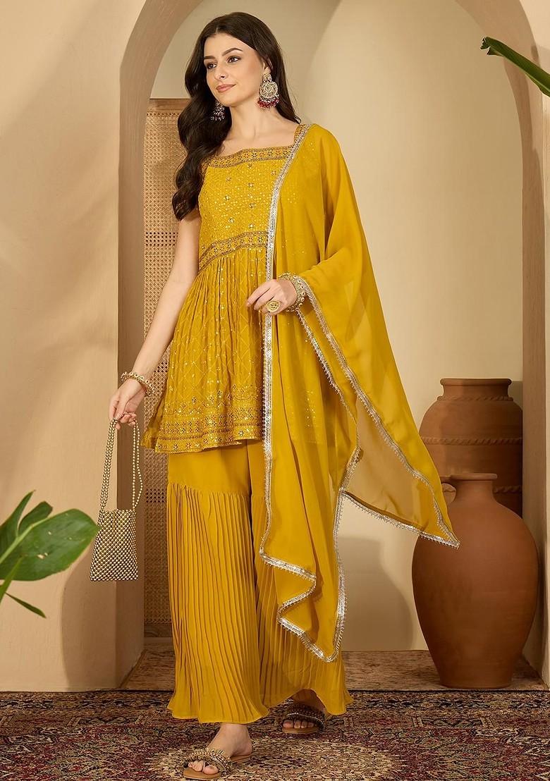 Yellow Embellished Blended Kurta Set - Indya