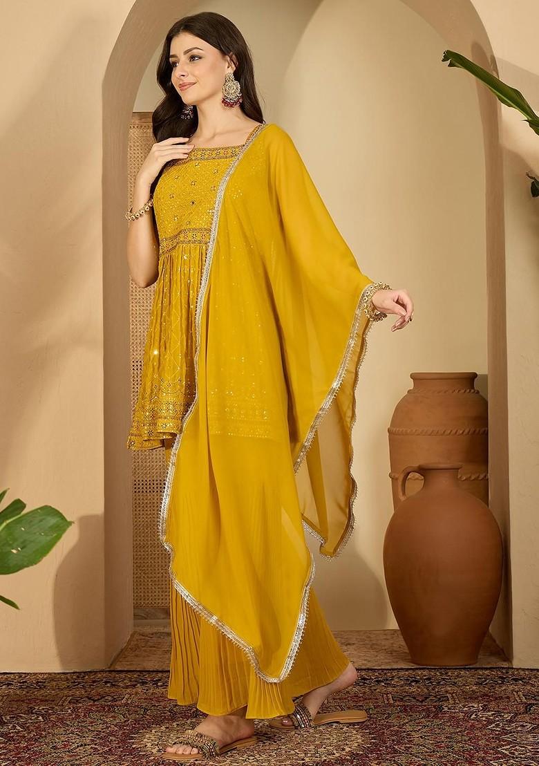 Yellow Embellished Blended Kurta Set - Indya