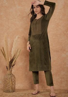 Olive Yoke Design Blended Kurta Set