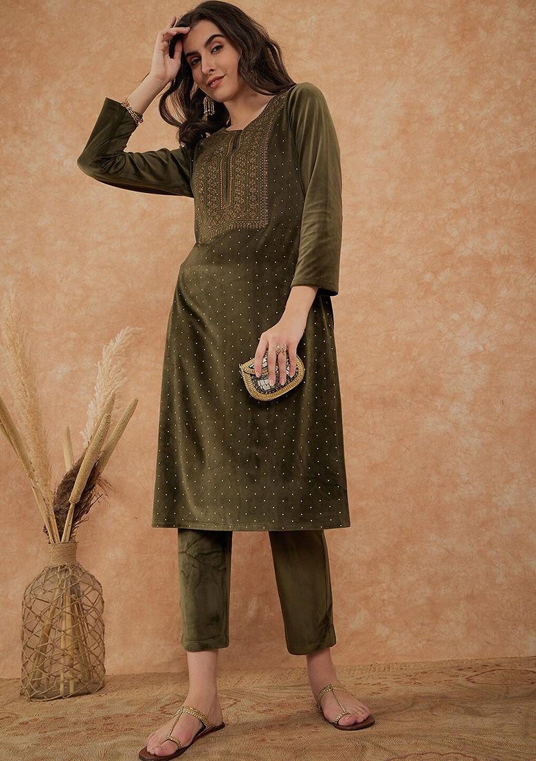 Olive Yoke Design Blended Kurta Set - Indya