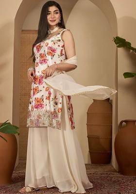 Off White Printed Blended Kurta Set