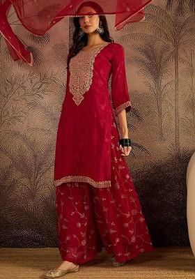 Red Embroidered Blended Kurta Set