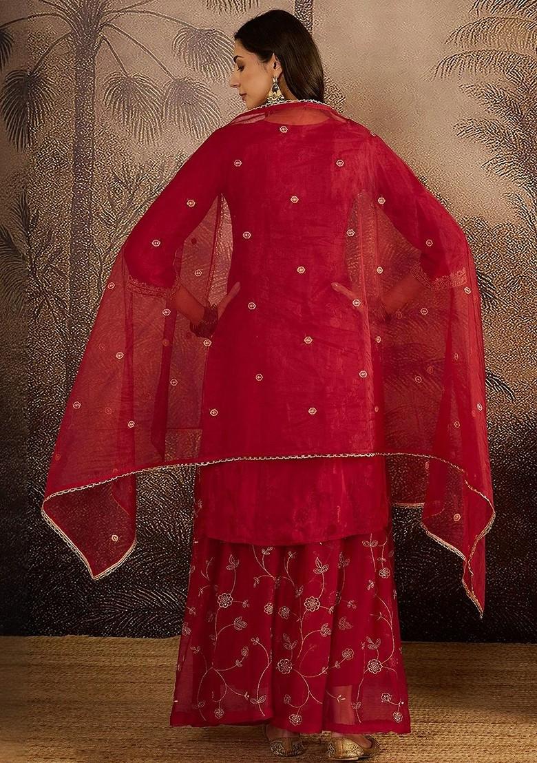 Red Embroidered Blended Kurta Set - Indya