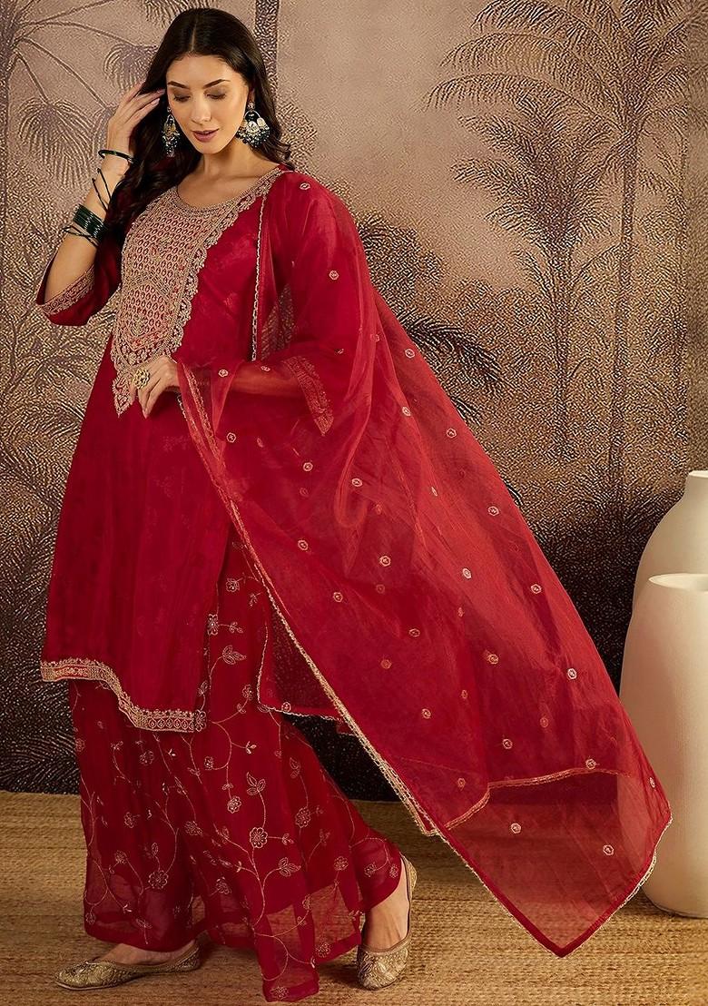Red Embroidered Blended Kurta Set - Indya