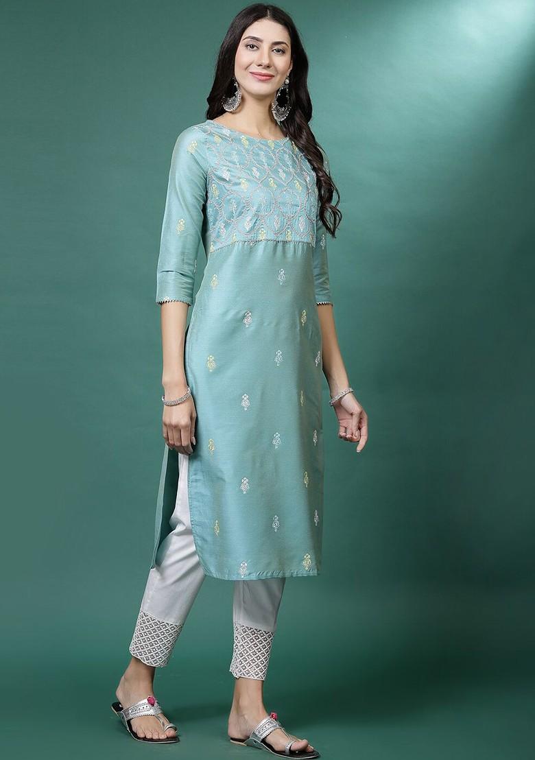 Green Embroidered Blended Kurta Set - Indya