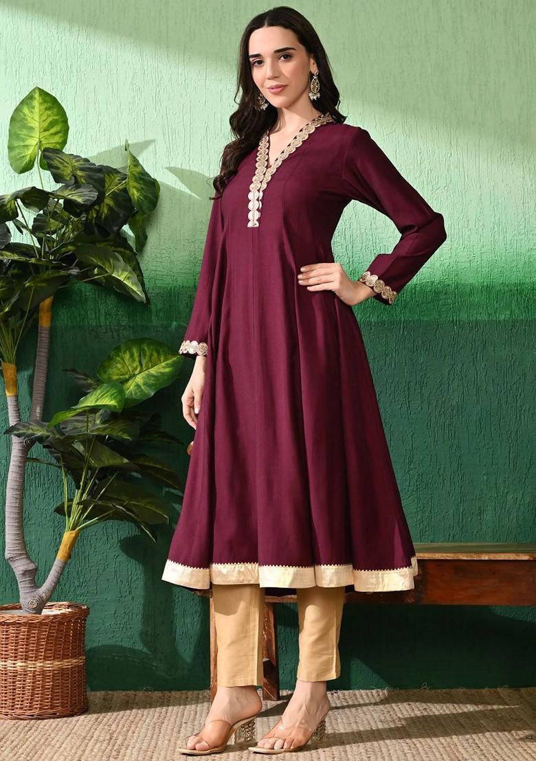 Burgundy Sequinned Blended Kurta Set - Indya