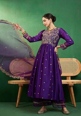 Purple Embroidered Blended Kurta Set