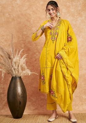 Mustard Embroidered Blended Kurta Set