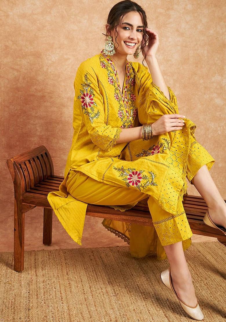 Mustard Embroidered Blended Kurta Set - Indya