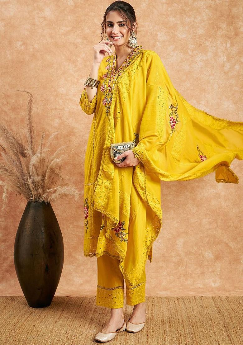 Mustard Embroidered Blended Kurta Set - Indya
