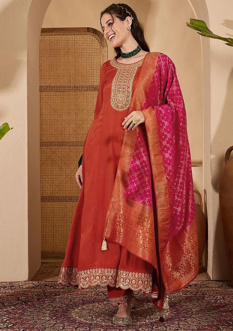 Orange Yoke Design Blended Kurta Set - Indya