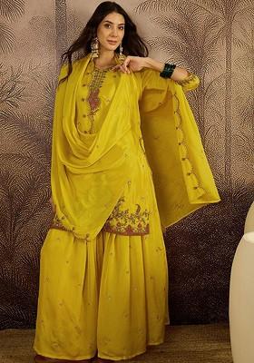 Yellow Embroidered Blended Kurta Set