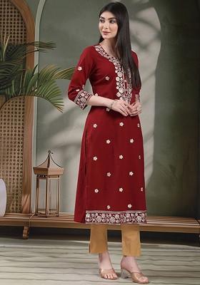 Maroon Embroidered Blended Kurta Set