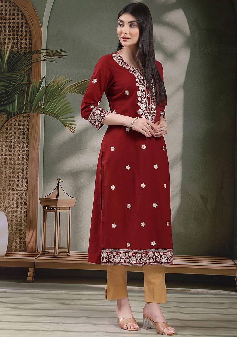 Maroon Embroidered Blended Kurta Set - Indya