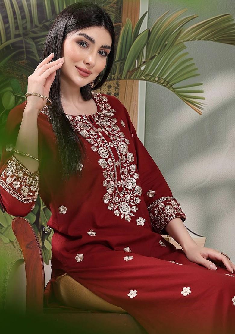 Maroon Embroidered Blended Kurta Set - Indya