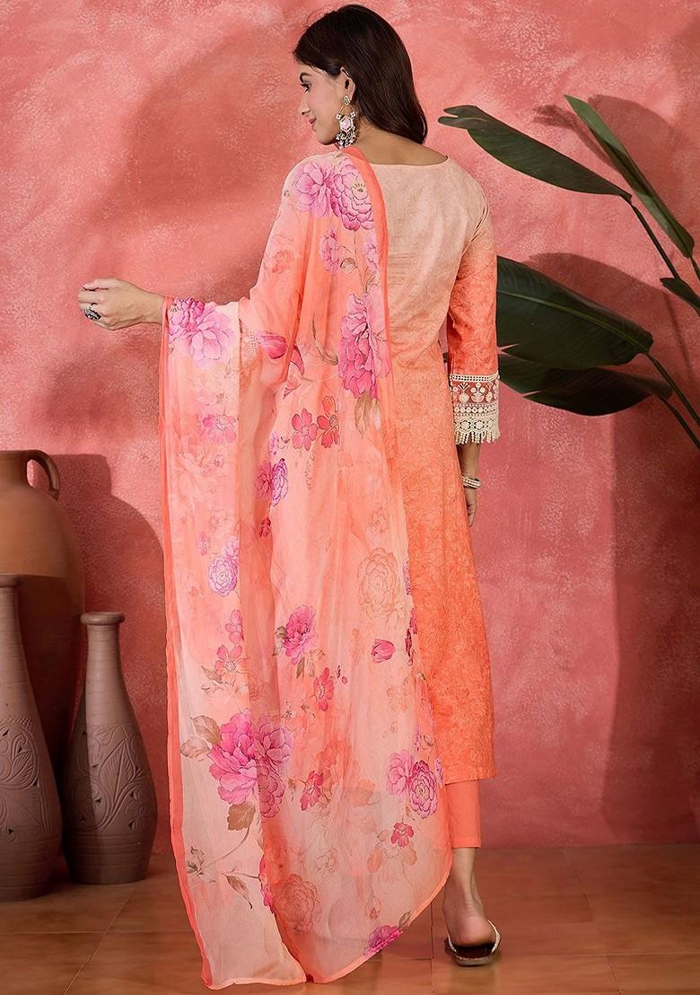 Peach Embroidered Blended Kurta Set - Indya