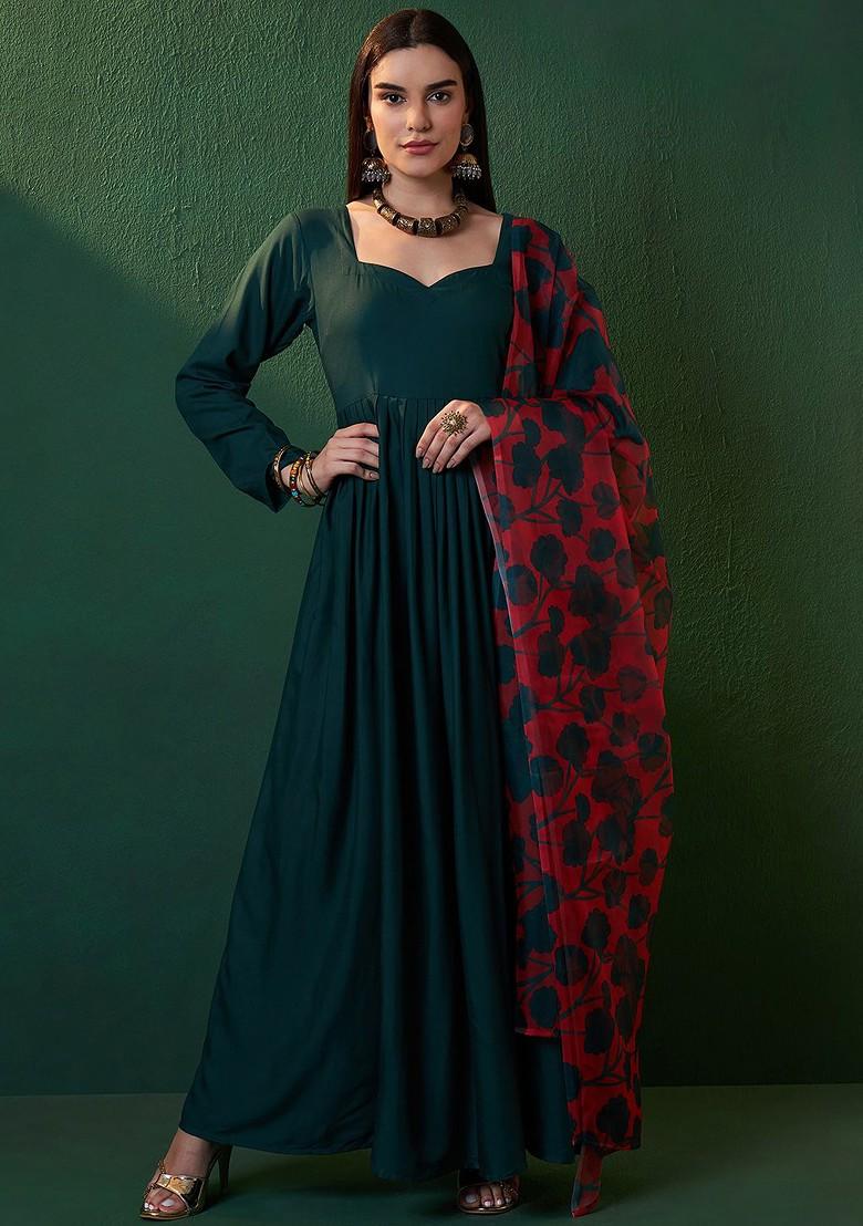 Green Solid Blended Kurta Set - Indya