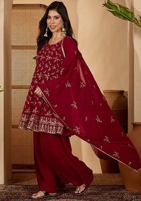 Red Embroidered Blended Kurta Set