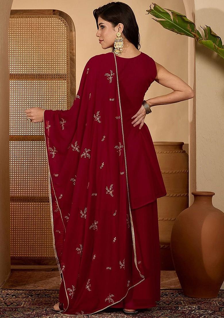 Red Embroidered Blended Kurta Set - Indya