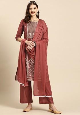 Rust Printed Blended Kurta Set