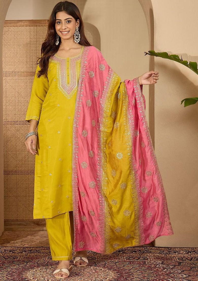 Yellow Embroidered Blended Kurta Set - Indya