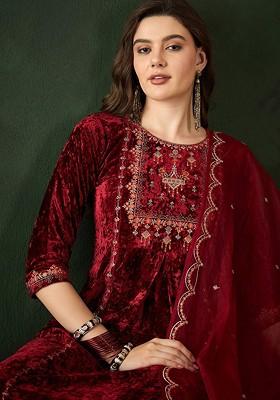 Maroon Embroidered Blended Kurta Set