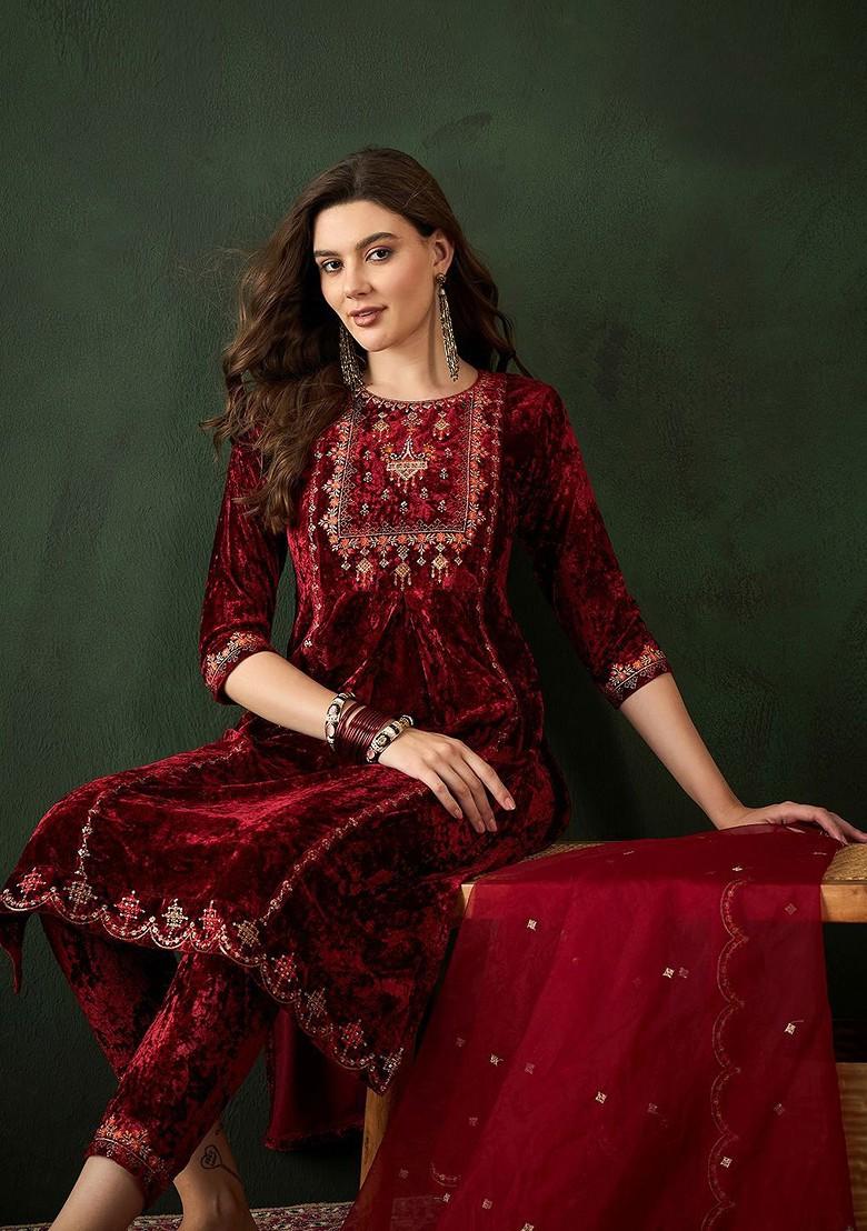 Maroon Embroidered Blended Kurta Set - Indya