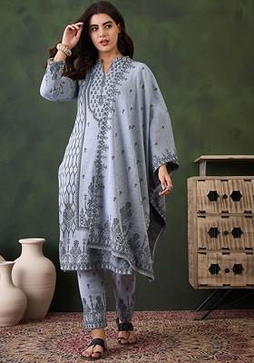 Grey Woven Design Blended Kurta Set