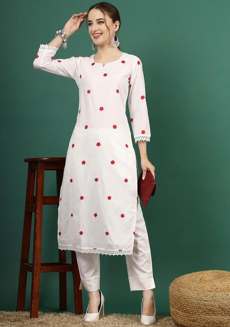 White Embroidered Blended Kurta Set - Indya