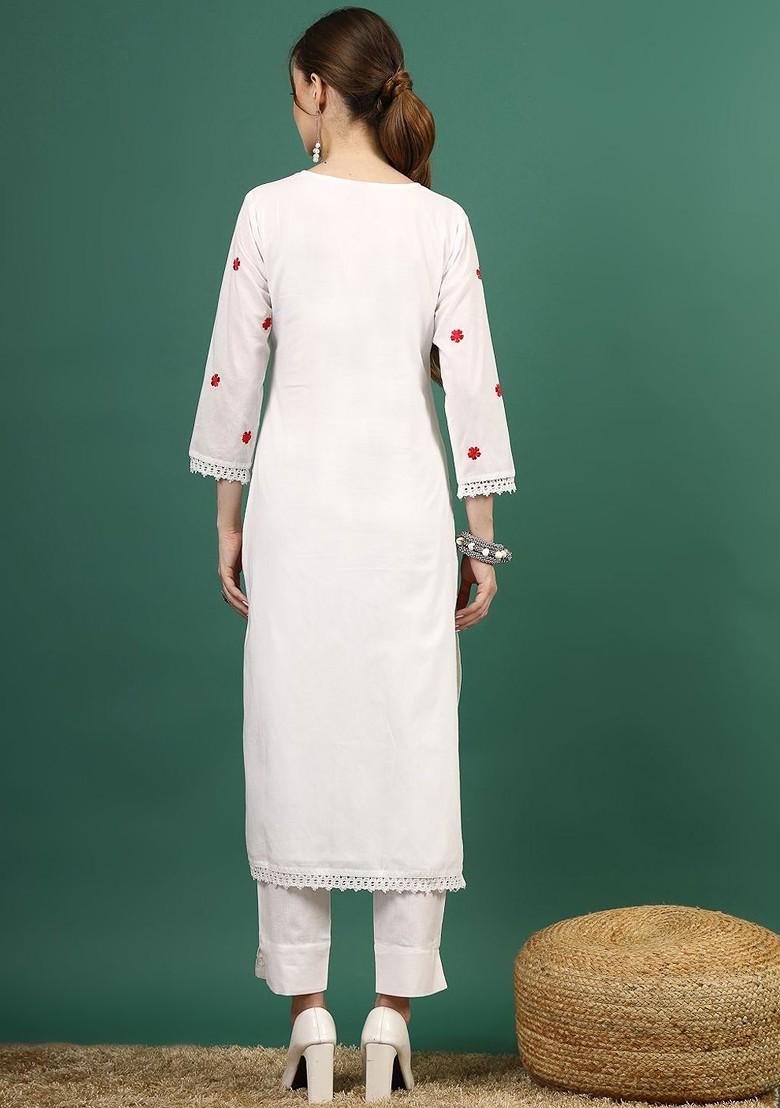 White Embroidered Blended Kurta Set - Indya