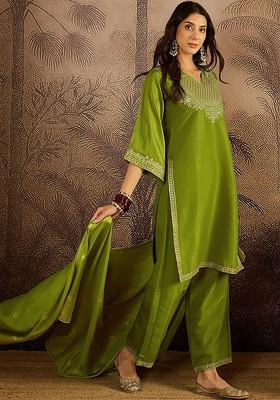 Olive Embroidered Blended Kurta Set