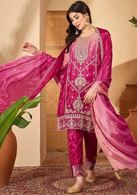 Peach Embroidered Blended Kurta Set