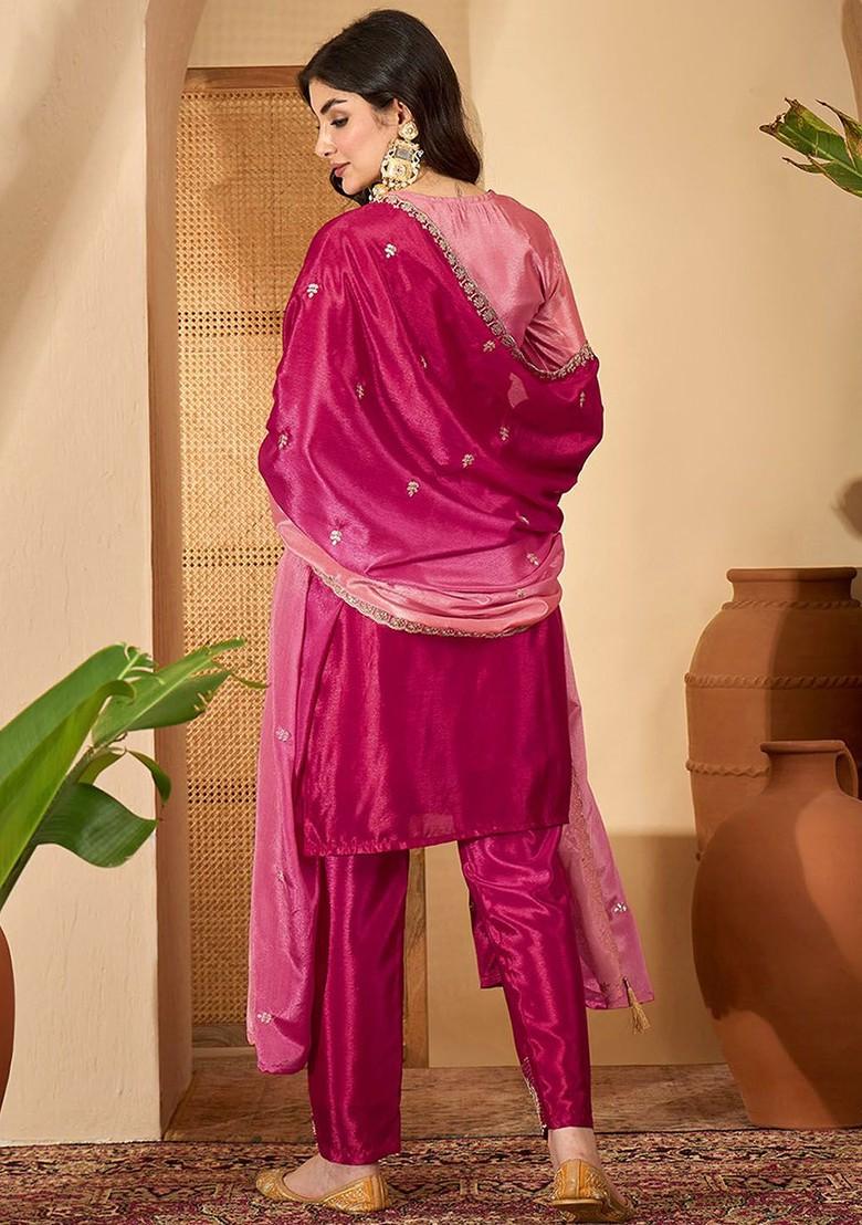 Peach Embroidered Blended Kurta Set - Indya