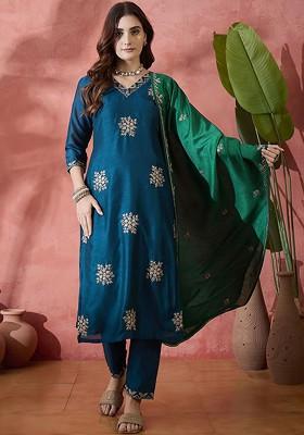 Teal Embroidered Blended Kurta Set