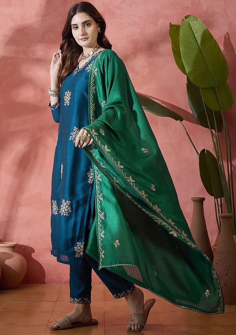 Teal Embroidered Blended Kurta Set - Indya