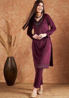 Maroon Solid Blended Kurta Set